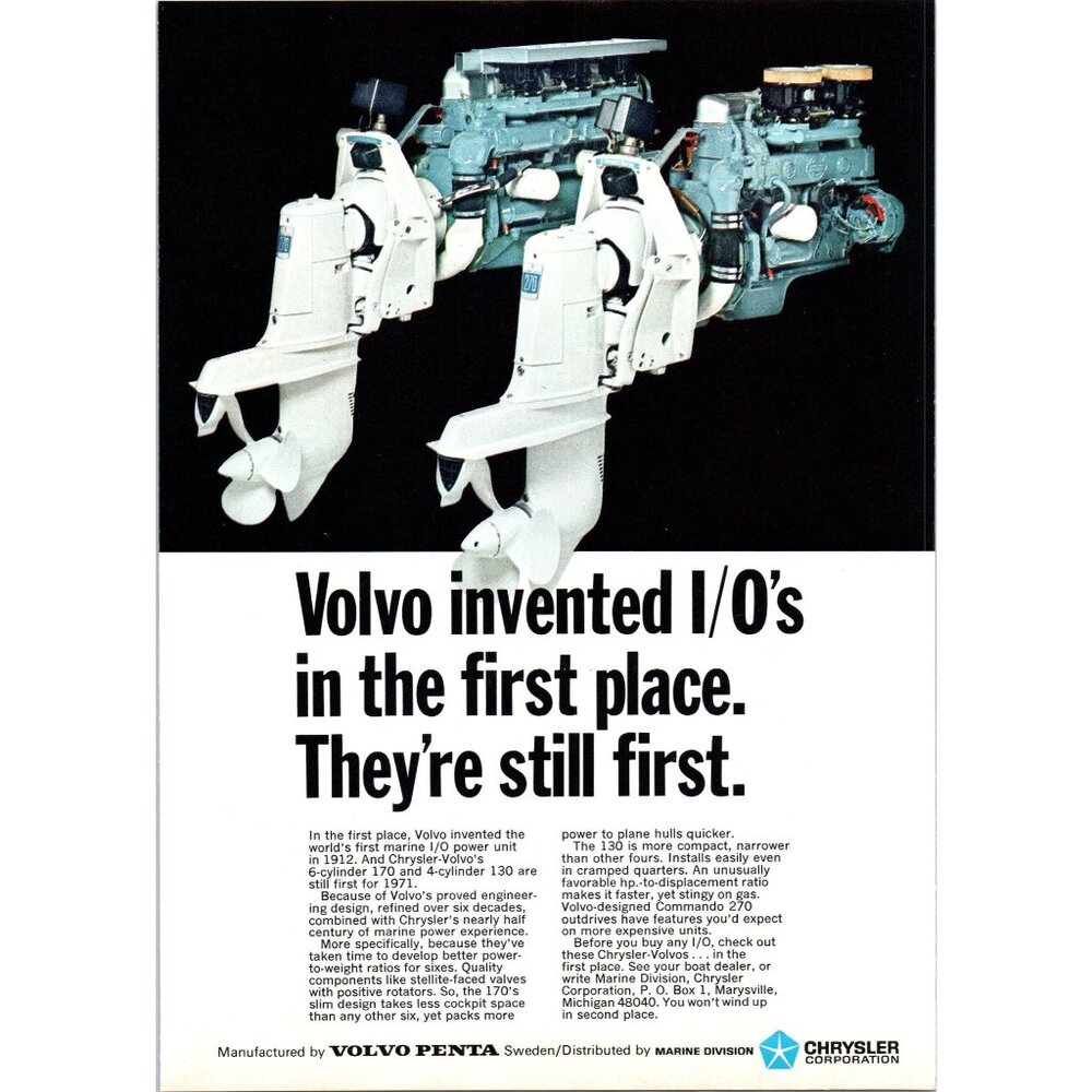 1971 Volvo Penta Inboard Outboard Chrysler Motors Vintage Print Ad 70s Wall Art